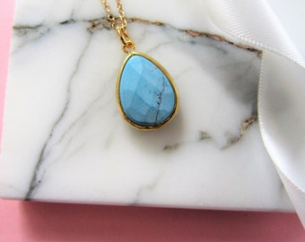 Gold Turquoise Gemstone Necklace, Turquoise Stone Necklace, Boho Gold Necklace, Gold Turquoise Jewellery, Gift, Larger Gemstone Necklace