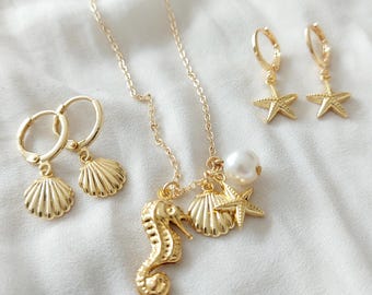 Pendientes de aro con forma de concha dorada: Conjunto de joyería playera con colgantes de estrella de mar.