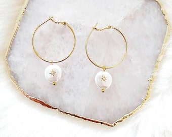 Gold Hoop Pearl Dangle Charm Earrings, Bridesmaids Earrings, Medium Hoop Earrings, Gold Hoops, Pearl Earrings, Bridal Earrings, Bridal