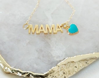 Gold MAMA Necklace, Mama and Heart Charm, Mom Necklace, New Mom Gift, Meaningful Mothers Day Gift, Gift for Mum from Child