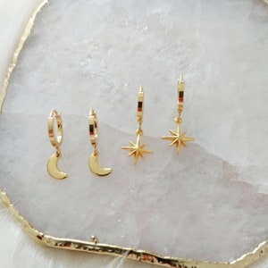 Gold Moon Star Charm Hoop Earrings, Huggie Hoops