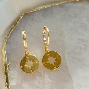 Gold Coin Hoop Earrings, Compass Charm Huggie Hoops, Gold Earrings, Compass Earrings, Travel Gift, Birthday Gift Daughter, Graduation Gift