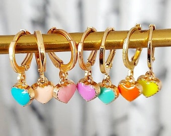 Heart Earrings, Gold Huggie Hoop Earrings, Small Hoop Earrings, Colourful Hoop Earrings, Teenage Gift Gift, Daughter Gift