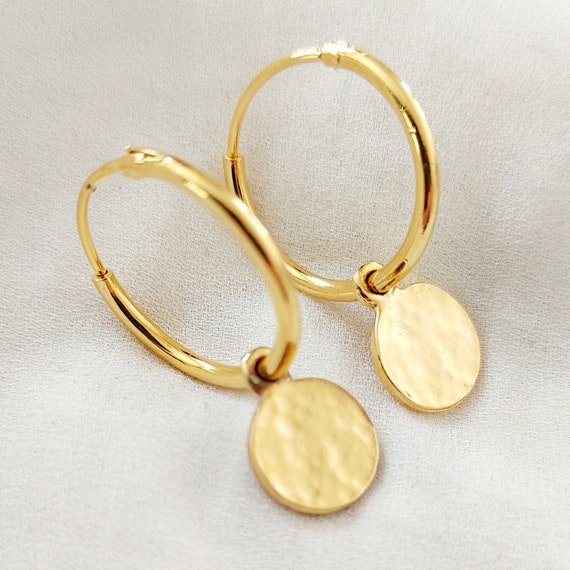 Hammered Gold Disc Earrings, Coin Hoop Earrings, Medium Hoops With - Main Image