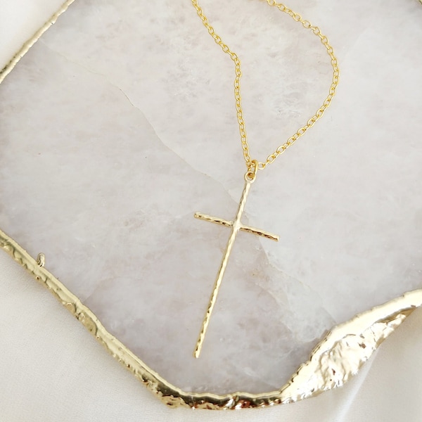 Large Gold Hammered Cross Pendant Necklace, Cross and Letter Necklace, Mothers Day Gift, Gold Cross Necklace, Mother's Day Gift