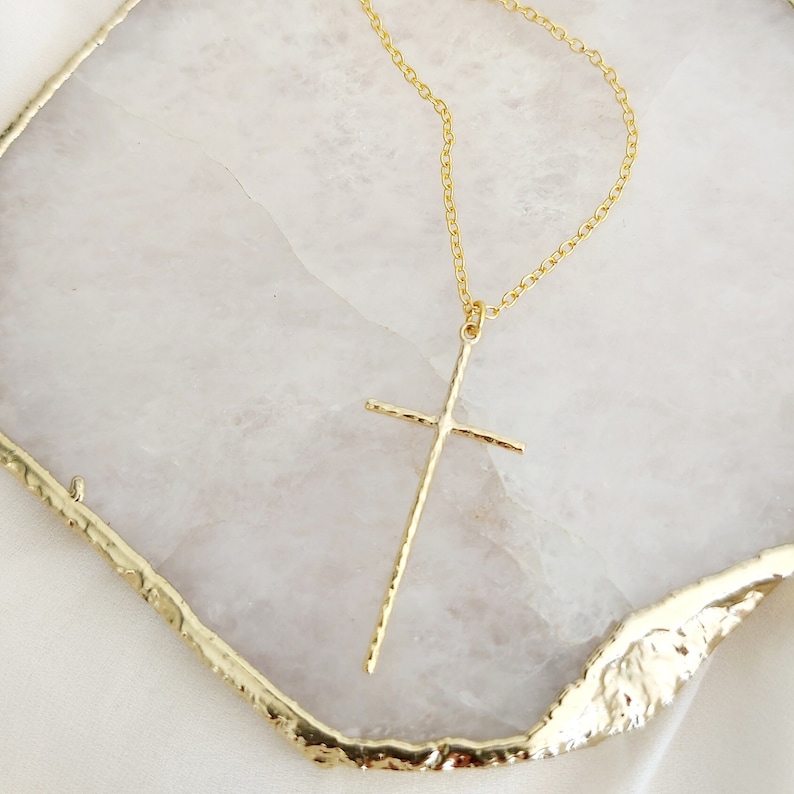 Large Gold Hammered Cross Pendant Necklace, Cross and Letter Necklace, Mothers Day Gift, Gold Cross Necklace, Mother's Day Gift image 1