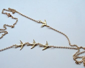 Long Gold Swallow Charm Necklace: Elegant Layering Jewelry