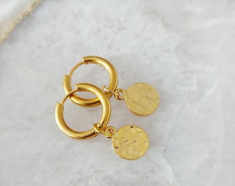 Gold Hammered Coin Hoop Earrings, Boho Charm Hoops