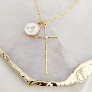 Large Gold Hammered Cross Pendant Necklace, Cross and Letter Necklace, Mothers Day Gift, Gold Cross Necklace, Personalised Cross Necklace