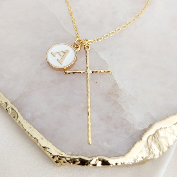 Large Gold Hammered Cross Pendant Necklace, Cross and Letter Necklace, Mothers Day Gift, Gold Cross Necklace, Personalised Cross Necklace
