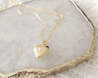 Gold Heart Locket Necklace with Pearl Center