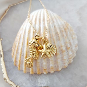 gold seahorse charm necklace, whimsical summer holiday necklace, sea themed starfish necklace, gold shell charm necklace, Beach Necklace