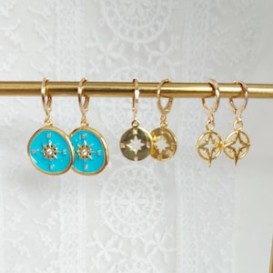 Set of 3 Compass Charm Huggie Hoop Earrings Gold Coin Huggie Hoop Earrings Minimalist & Trendy Gold Earrings Set | Ideal Gift for Her