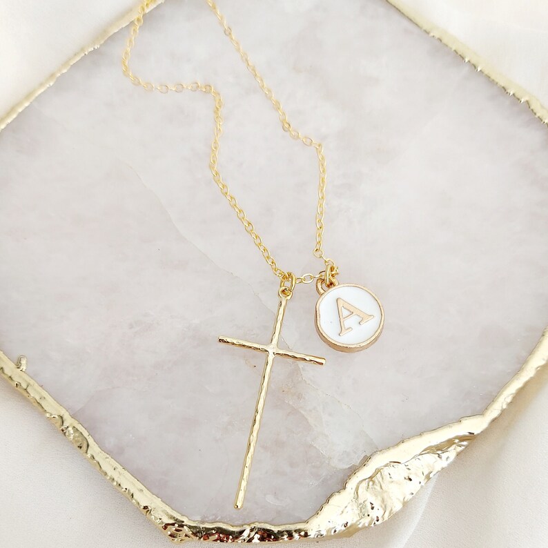 Large Gold Hammered Cross Pendant Necklace, Cross and Letter Necklace, Mothers Day Gift, Gold Cross Necklace, Mother's Day Gift image 5