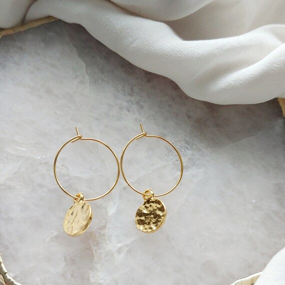 Hammered Gold Disc Earrings, Coin Hoop Earrings, Gold Wire Hoop Earrings,  Small Gold Hoop Earrings, Gift for Teen Daughter Niece,