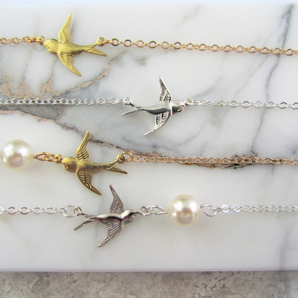 Delicate Silver or Gold Flying Swallow Bird Charm Bracelet