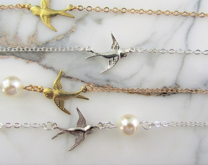 Delicate Silver or Gold Flying Swallow Bird Charm Bracelet