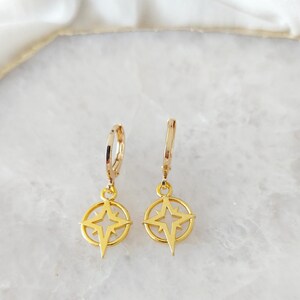 Gold Compass Charm Huggie Hoop Earrings Lightweight, Hypoallergenic Gift for Graduation or Travel
