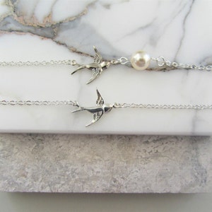 Silver Swallow Bird Charm Bracelet with Pearl, Bird Charm Bracelet, Bridesmaids Gift, Gift for Her, Small Christmas Gift Her