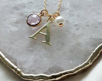 Small Gold Initial and Birthstone Necklace, Personalised Necklace, Bridesmaids Gifts, Birthstone Jewellery, Gift for Her, Bridal Gifts
