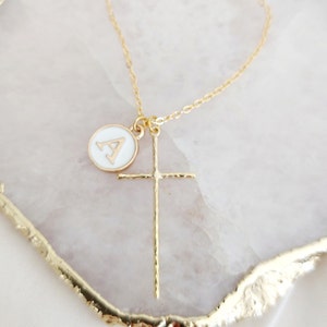 Large Gold Hammered Cross Pendant Necklace, Cross and Letter Necklace, Mothers Day Gift, Gold Cross Necklace, Mother's Day Gift image 7