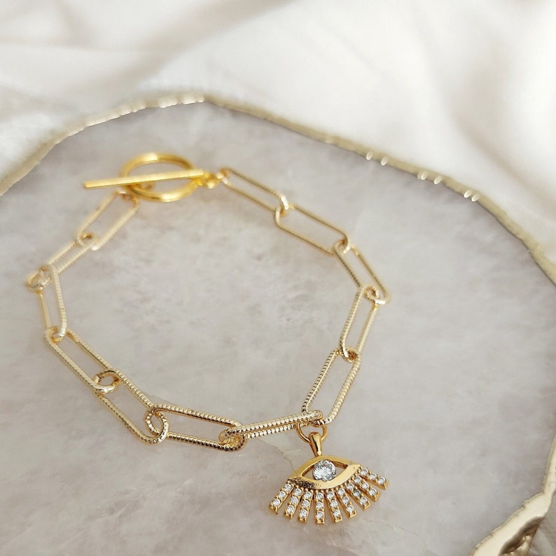 Thick Gold Chain Charm Bracelet, Evil Eye Charm Bracelet, Birthday Gift