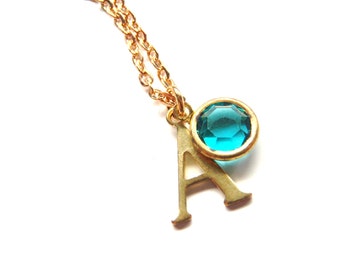 Simple Gold Initial and Birthstone Necklace, Mothers Day Gift