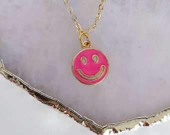 Pink Smiley Face Necklace, Y2K Fashion, 90's Jewellery, Teen Birthday Gift, Daughter Gift