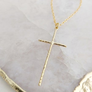 Large Gold Hammered Cross Pendant Necklace, Cross and Letter Necklace, Mothers Day Gift, Gold Cross Necklace, Mother's Day Gift image 3