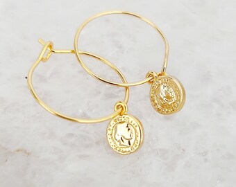 Gold Coin Hoop Earrings: Lightweight Dangle Charm Hoops