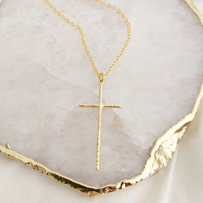 Large Gold Hammered Cross Pendant Necklace, Cross and Letter Necklace, Mothers Day Gift, Gold Cross Necklace, Mother's Day Gift image 8