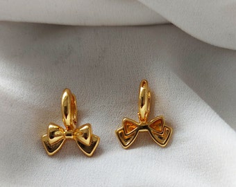 Bow Earrings, Gold Bow Hoops, Tiny Bow Earrings, Bow