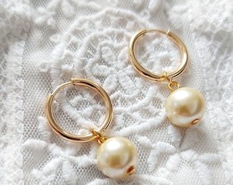 Pearl Charm Gold Hoop Earrings, Pearl Dangle Earrings, Gold Huggie Earrings, Small Hoop Earrings, Hoops, Boho Earrings, Mothers Day Gifts