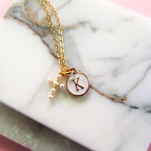 Pearl Cross and Initial Pendant, June Birthstone Gift, Small Pearl Cross Necklace, First Communion Gift, Christening Gift