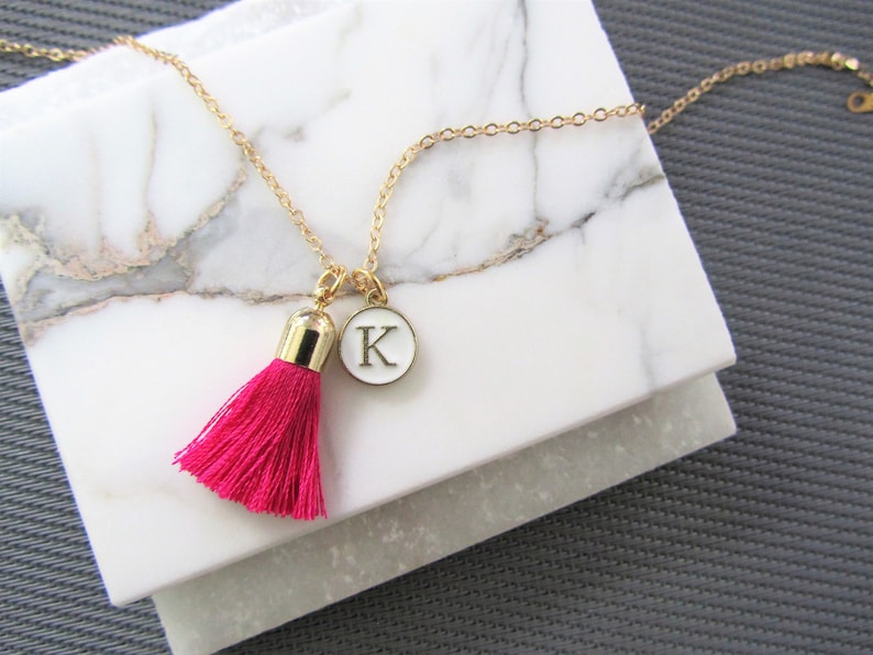 Tassel Necklace Personalized Necklace Pink Tassel Pendant and Initial Letter Charm Necklace