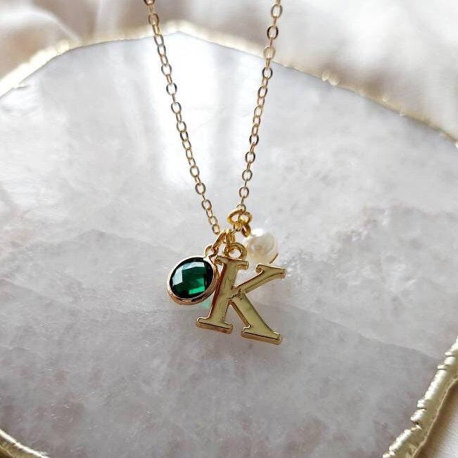 Gold Initial Necklace & Emerald Crystal Hoop Earring Set