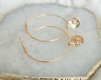 Large Hammered Gold Disc Earrings, Coin Hoop Earrings, Big Gold Hoops, Boho Earrings