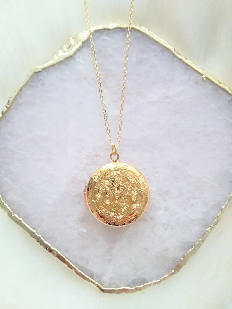 Gold Locket Necklace Circle Gold Locket Flower Etched Etsy