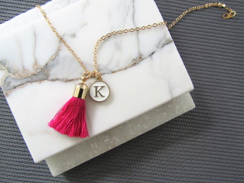 Tassel Necklace Personalized Necklace Pink Tassel Pendant and Initial Letter Charm Necklace