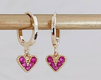 Ruby Red Heart Earrings: Gold Hoop Huggies, Sensitive Ears
