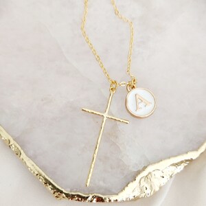 Large Gold Hammered Cross Pendant Necklace, Cross and Letter Necklace, Mothers Day Gift, Gold Cross Necklace, Mother's Day Gift image 4