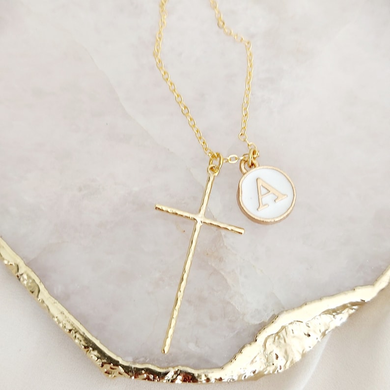 Large Gold Hammered Cross Pendant Necklace, Cross and Letter Necklace, Mothers Day Gift, Gold Cross Necklace, Mother's Day Gift image 4