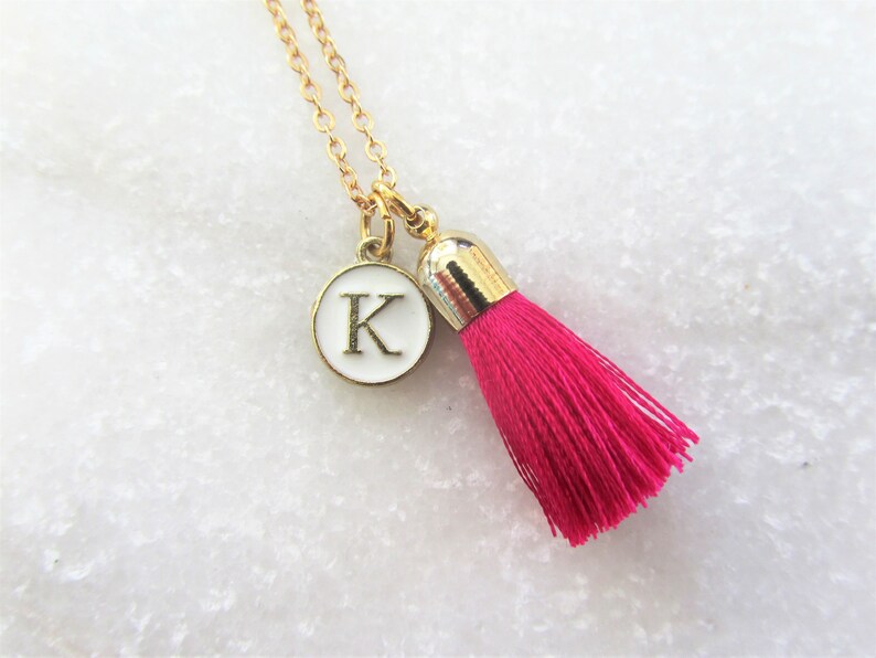 Tassel Necklace Personalized Necklace Pink Tassel Pendant and Initial Letter Charm Necklace