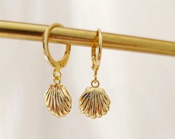 Gold Shell Huggie Hoop Earrings: Dainty Coastal Jewelry