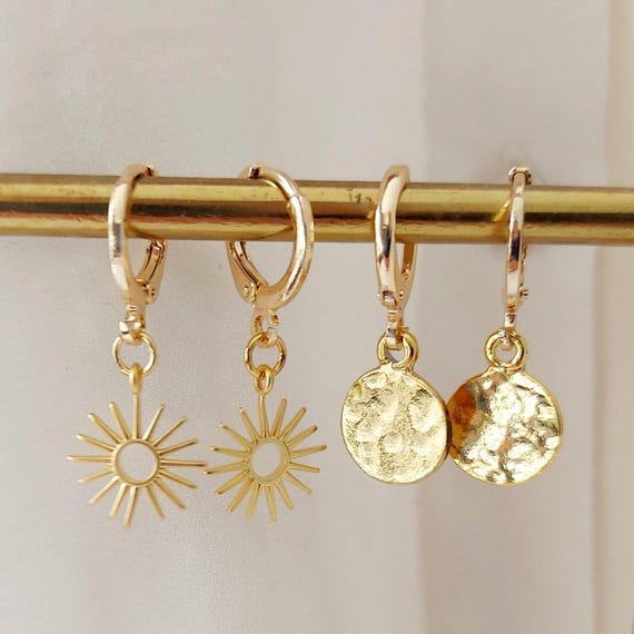 Gold Huggie Hoop Earrings Set: Hammered Coin Sun Charms, Boho
