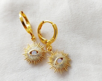 Gold Sun Opal Charm Hoop Earrings: Stainless Steel Dangle Hoops