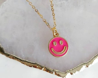 Pink Smiley Face Necklace, 90s Fashion Jewellery, 90's Necklace, Happy Smiley Face, Pink Smiley Face Jewellery