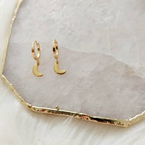 Gold Moon Hoop Earrings: Dainty Charm Huggies (13mm)