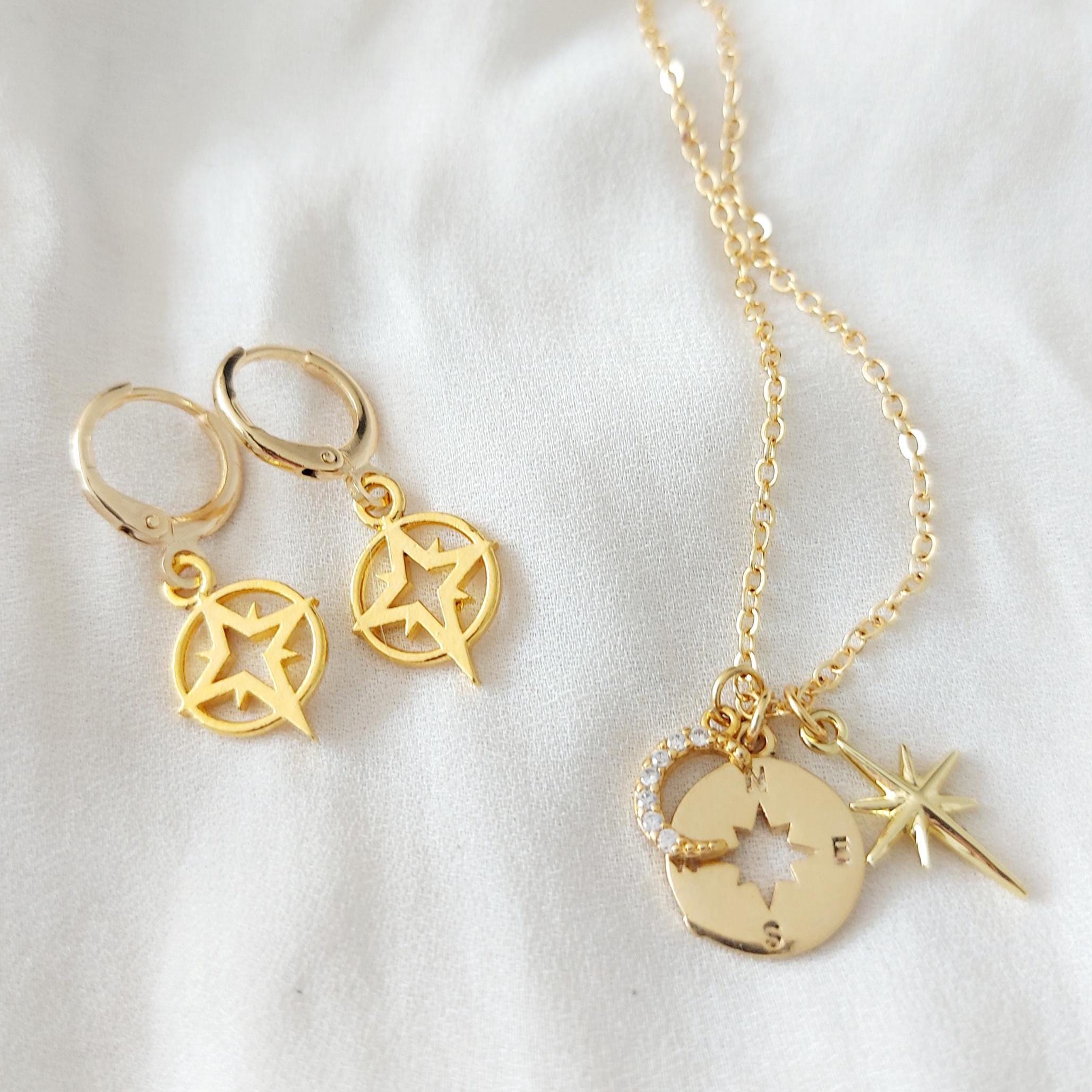 Gold Compass Moon Star Necklace and Huggie Hoop Earrings Set