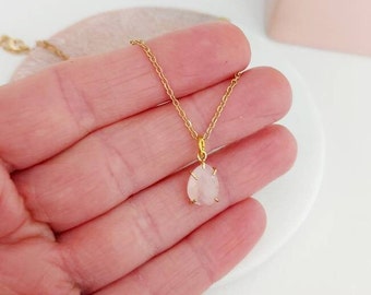 Delicate Charm Necklace, Tiny Rose Quartz Necklace, Small gemstone necklace, Nugget Pendant Necklace, Layering Necklace, Valentines Day Gift